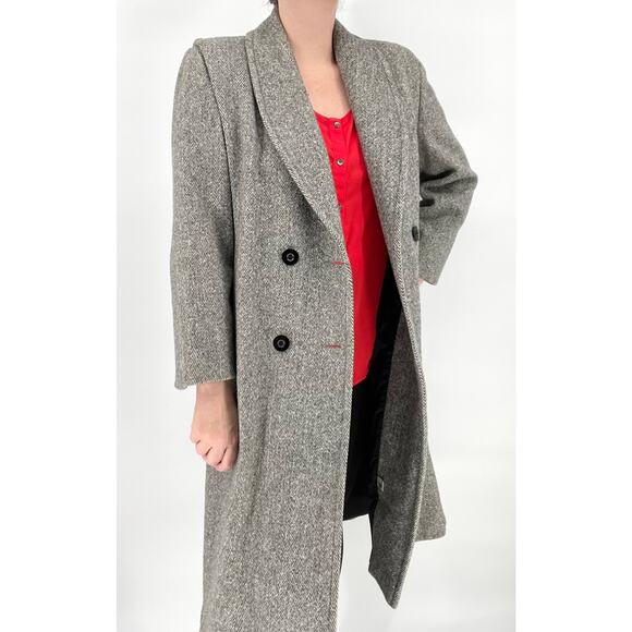 Vintage Jackets & Blazers - Vintage Gray Herringbone Wool Blend Double Breasted Topcoat Long Coat size Large